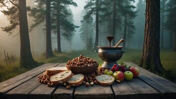Picnic in Misty Forest Bread Nuts Fruit Still Life Arrangement photo