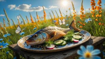 Grilled Fish Served Outdoors in Flower Meadow with Butterflies photo