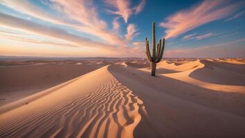 Cactus Standing on Sand Dune at Sunset with Pink Sky Above photo