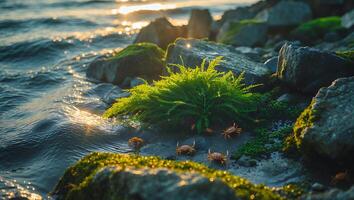 Crabs at Rocky Shoreline at Sunset with Moss and Seaweed photo