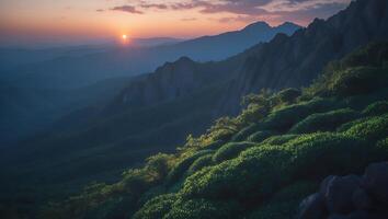 Mountain Ridge Overlook with Rising Sun and Greenery Landscape View photo