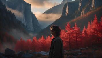 Man Standing in Mountain Landscape with Red Trees and Foggy Vista photo