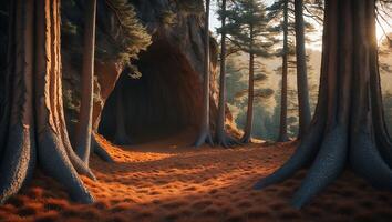 Walking Among Giant Trees with a Distant Cave Entrance in Forest photo