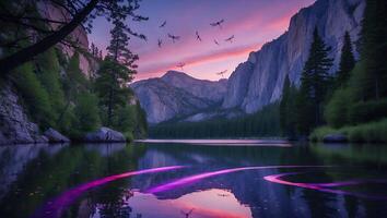 Reflecting Lake Surrounded by Mountains at Dusk with Flying Dragonflies photo