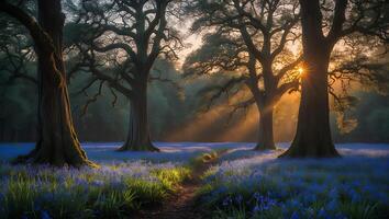 Walking Path Through Forest of Blue Flowers at Sunrise Shining Through photo
