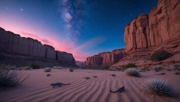 Lizards Roaming Desert Canyon at Dusk with Milky Way Sky photo