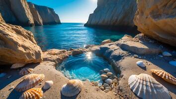 Ocean View with Clear Water Pool and Seashells on Sandy Beach photo