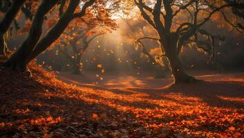 Falling Leaves in Autumn Forest with Sunbeams and Golden Light photo