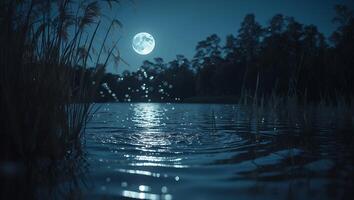 Reflective Water Under Full Moon with Tall Grass and Dark Trees photo