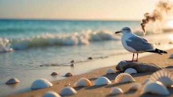 Seagull Standing on Rock at Beach with Seashells in Sunlight photo