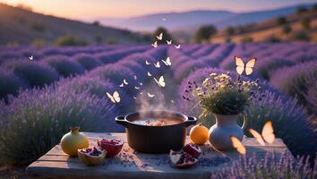 Soup Pot in Lavender Field with Butterflies at Warm Sunset Time photo