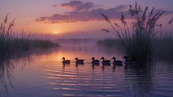 Ducks Swimming in Calm Water at Sunset with Pink Hues photo