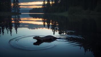 Beaver Swimming in Calm Lake Reflecting Sunset with Forest Trees photo