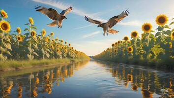 Hawks Flying Over River Surrounded by Sunflowers on Sunny Day photo
