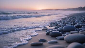 Stones on Beach at Sunset with Gentle Waves and Misty Horizon photo