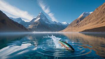 Fish Jumping in Mountain Lake Creates Splash with Reflection photo
