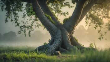 Large Tree with Green Fruits in a Misty Grassy Field photo