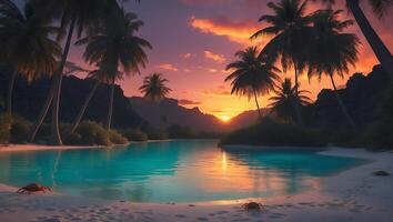 Tranquil Tropical Beach at Sunset with Turquoise Water and Palm Trees photo