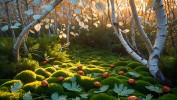 Ladybugs Resting on Moss in Forest with Birch Trees and Sunlight photo
