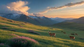 Deer Herd Grazing on Meadow Under Sunset Sky and Mountains photo