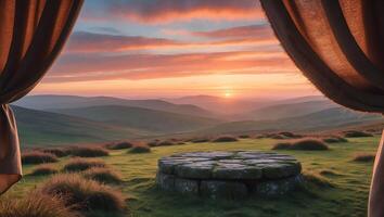 Viewing Sunrise Landscape Through Parted Curtains Over Ancient Stone Structure photo