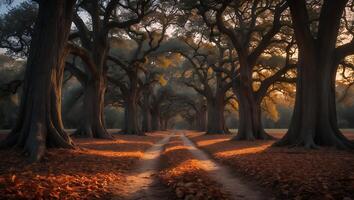 Walking Path Through Old Trees with Autumn Leaves and Warm Light photo