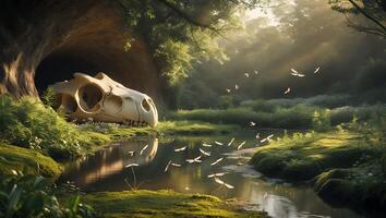 Tranquil Stream Flows Past Skull with Insect Swarm in Lush Forest photo
