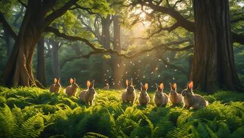 Rabbits Gathering in Forest Glade with Ferns and Sunlight photo
