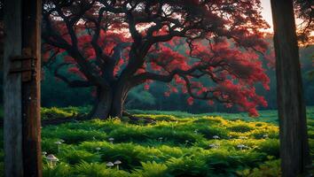 Red Maple Tree Glowing in the Sunlight Forest Glade Scene photo