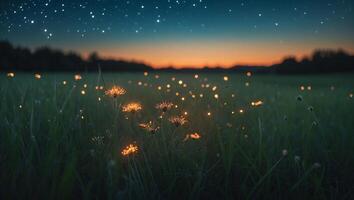 Glowing Wildflowers in Meadow at Dusk Under Starry Night Sky photo