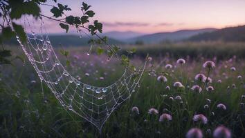 Dew Covered Spiderweb in Grassy Field at Dusk with Mountain Backdrop photo