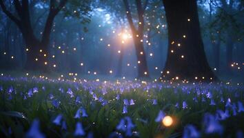 Bluebell Flowers Blooming in Forest at Night with Mysterious Lights photo