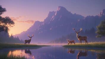 Deer Family at Tranquil Lake with Mountains Reflecting Soft Sunset Light photo