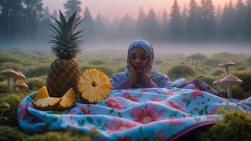 Woman Relaxing in Misty Forest with Pineapple on Floral Blanket photo