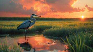 Heron Standing in Water at Sunset with Grassland Background photo