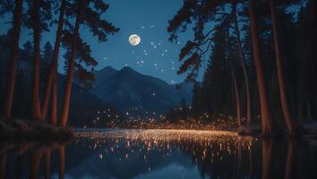 Lake Reflecting Night Sky with Full Moon and Mountain Backdrop photo