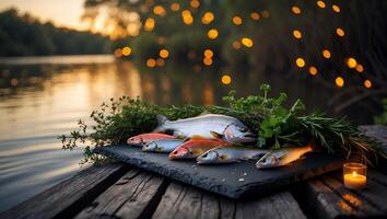 Fresh River Fish Displayed with Herbs on Dock at Sunset photo
