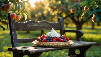 Berry Tart on Garden Bench with Fruit Trees in Sunlight photo