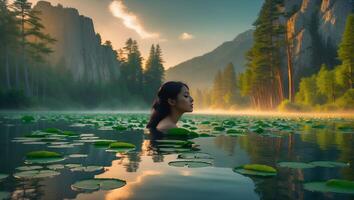 Woman Swimming in Calm Lake with Lily Pads and Misty Mountains photo