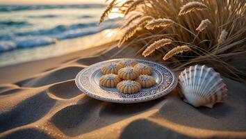 Cookies on Plate at Beach with Seashell and Ocean View photo
