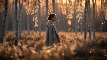 Woman Walking Through Sunlit Birch Tree Forest in Autumn photo