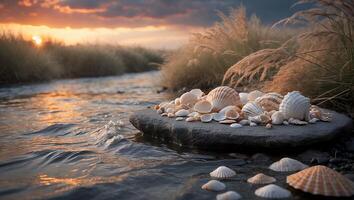 Seashells on Rock by Water at Sunset with Tall Grasses photo