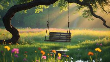 Hanging Swing on Tree Branch in a Sunny Meadow photo