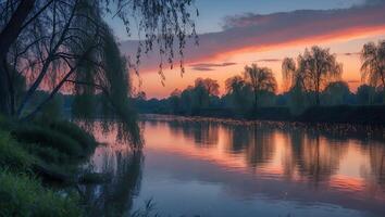 Tranquil River Scene with Trees Reflecting Colorful Sky at Sunset photo