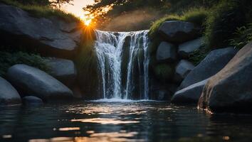 Cascading Waterfall Flowing Into Pool with Sunrays and Lush Vegetation photo