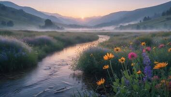 Flowing River Through Meadow with Wildflowers and Misty Mountain Scenery photo