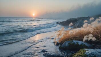Ocean Waves Gently Rolling on Shoreline at Sunrise with Coastal Grass photo