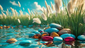 Stones in Water with Tall Grass Under Blue Sky Landscape photo