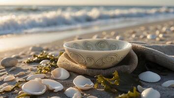 Bowl with Spiral Design Placed on Sandy Beach with Seashells photo
