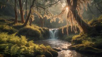 Waterfall Flowing Through Lush Forest with Sunlight Streaming Through Trees photo